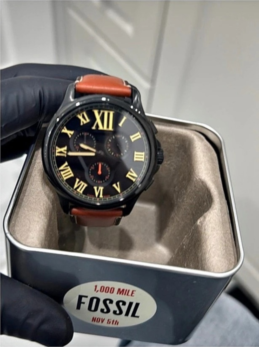 Fossil Grant Chronograph Black Dial Brown Leather Watch FS4813